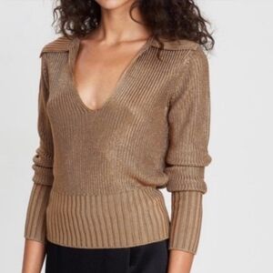THEORY Roving Viscose Deep V-Neck Collar Sweater in Bronze